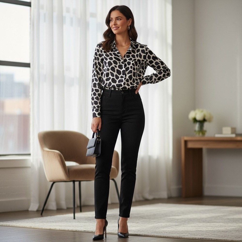 DKNY Donna Karan New York Animal Print Silk‎ Button Down Shirt Long Sleeve M